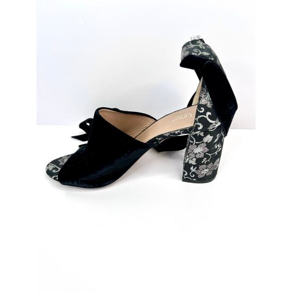 LEWIT Women's Size 9 Black Floral Velvet Tie Wrap Open Toe Block Heels Shoes - Picture 4 of 14